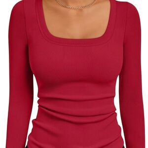 Automet Square Neck Rib Knit Top T Shirt Blouse Red XS